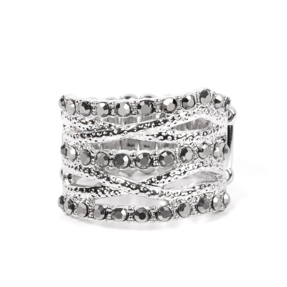 Paparazzi Silver and Black Statement Ring with Crystals Unthinkable Twinkle
